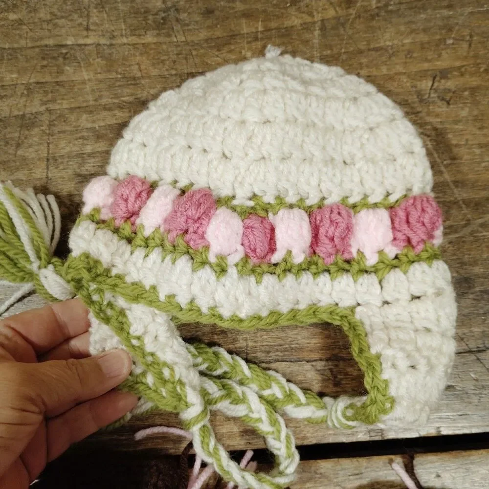 Baby Hand Knit Hat Booties Girl Handmade Crochet Boots Rose Floral Cap